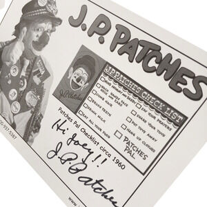 J. P. PATCHES Autographed Icon Signed Guest Card "Joey" Circa 1960 Memorabilia
